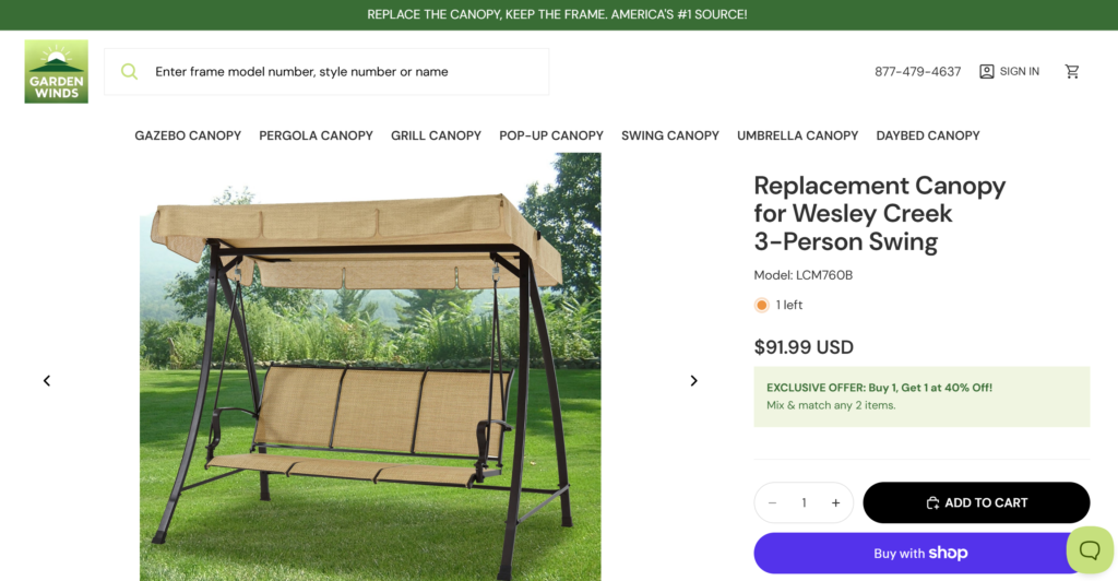 rts422e swing replacement canopy